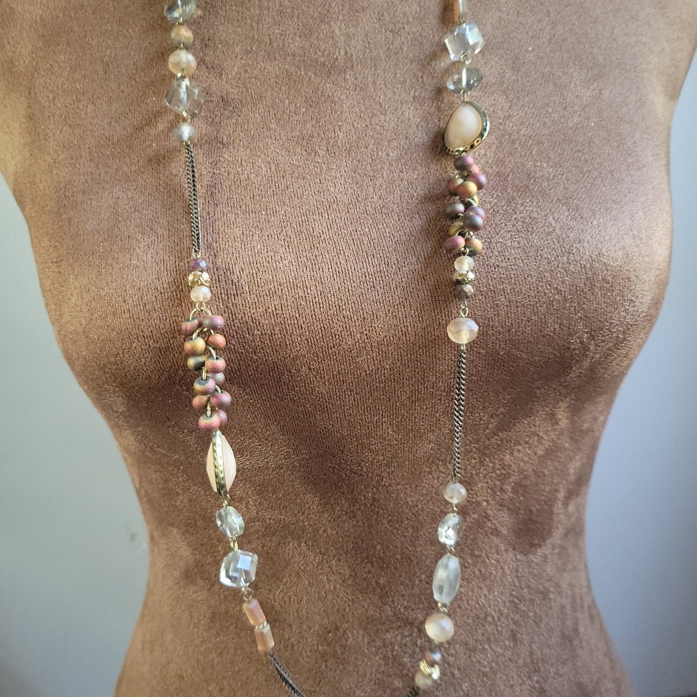 Long Beaded Layering Necklace Iridescent Glass Bronze Chain 64 Inch Whimsigoth